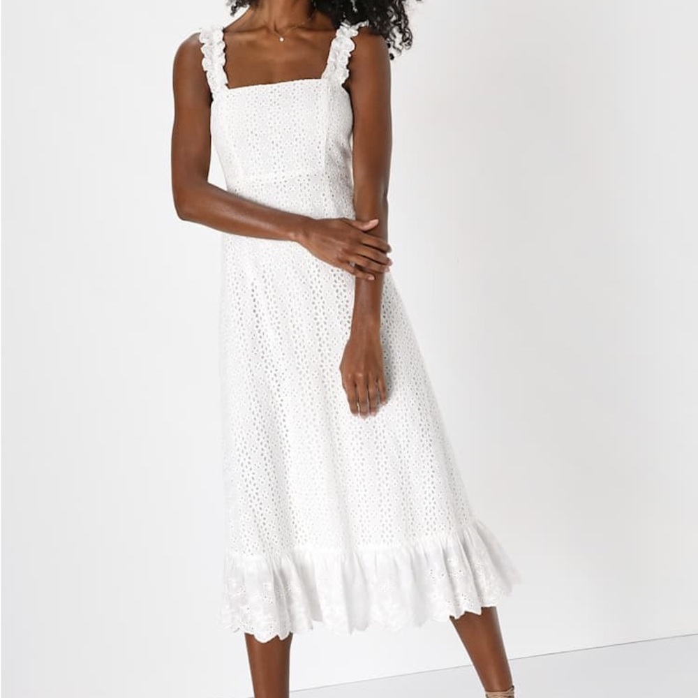 Lulu's Sincere Sweetheart White Cream Eyelet Lace Ruffled Midi Dress Size Medium